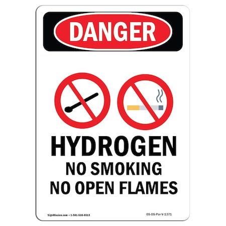 OSHA Danger Sign, Hydrogen No Smoking, 10in X 7in Rigid Plastic